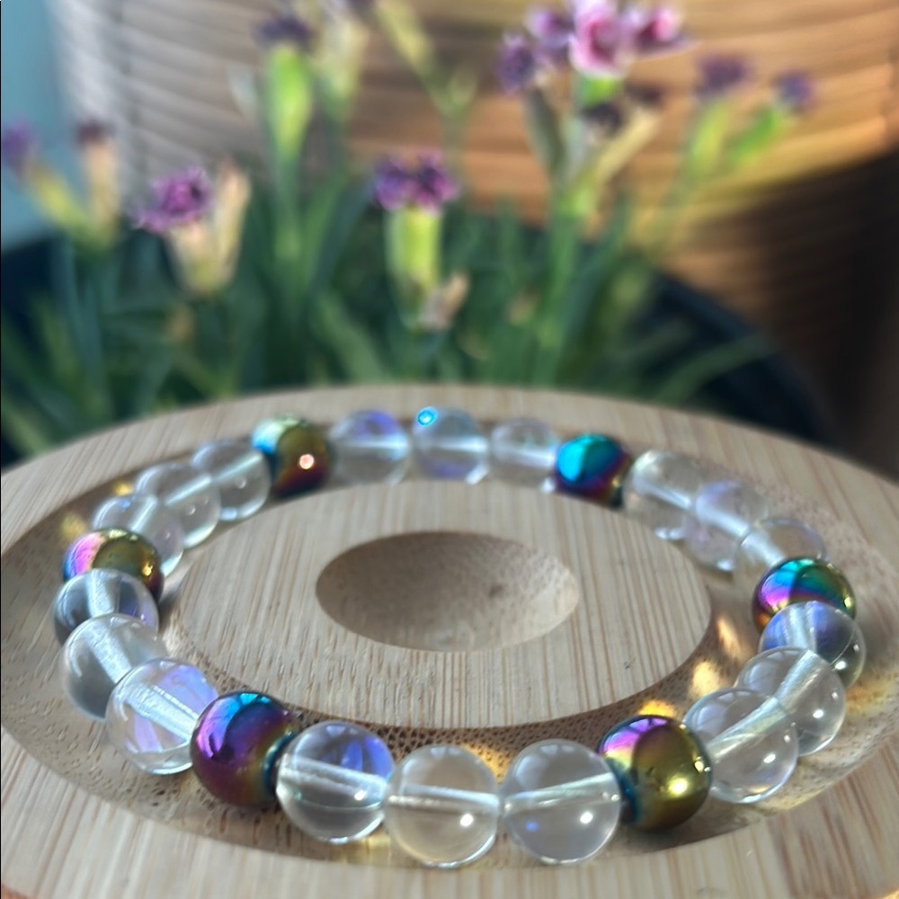 Handmade Iridescent Hematite + Aura Quartz Beaded Bracelet - Picture 3 of 4